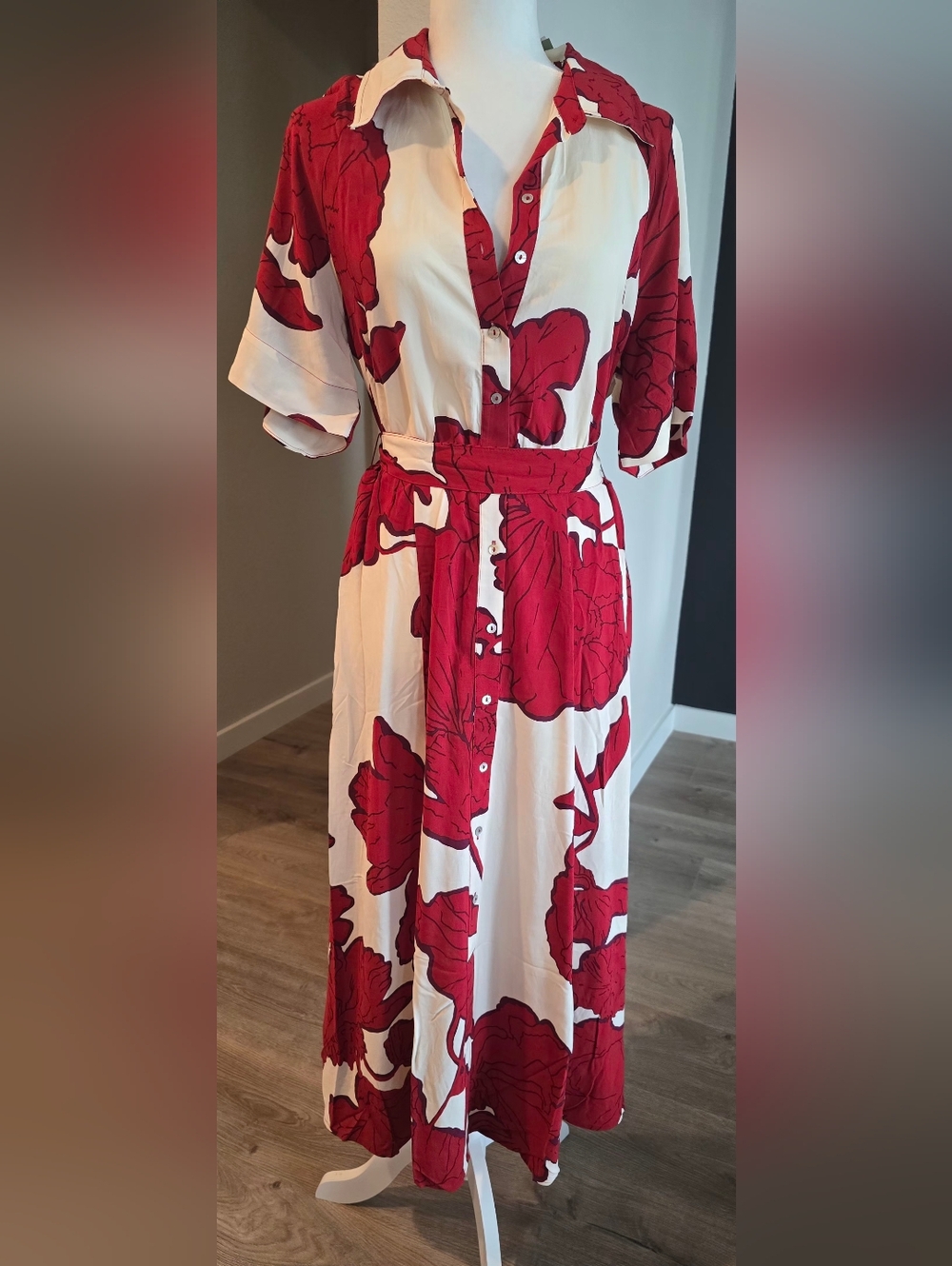 White and Red Floral Button-Front Midi Dress